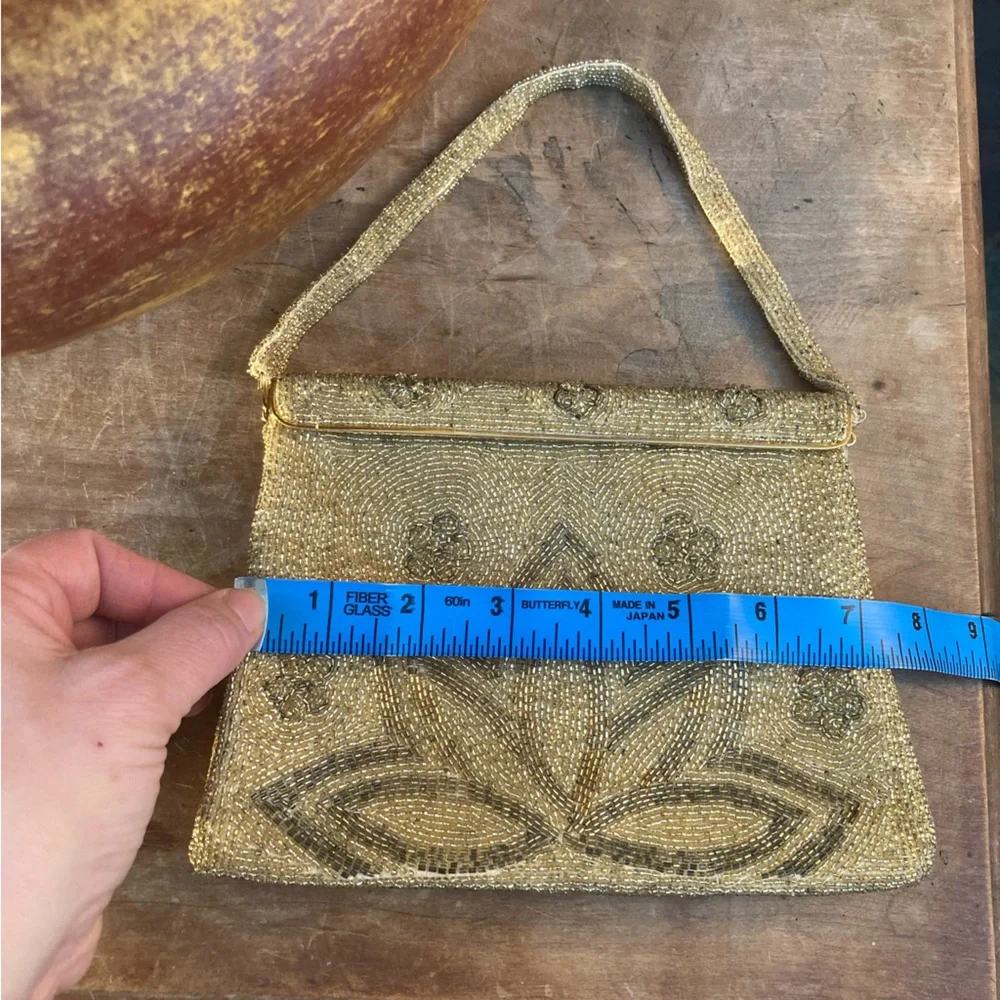 Vintage French DELILL Purse gold beaded lotus flower mini strap dainty art deco